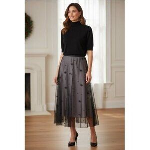 Vtg Express Sheer Sequin flare Skirt 2 Black Halloween Goth Formal Romantic